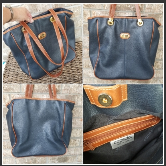 CAPEZIO Vintage NAVY Leather W/BROWN Trim Satchel (13x13x6) Weekender Tote Bag - Picture 1 of 11